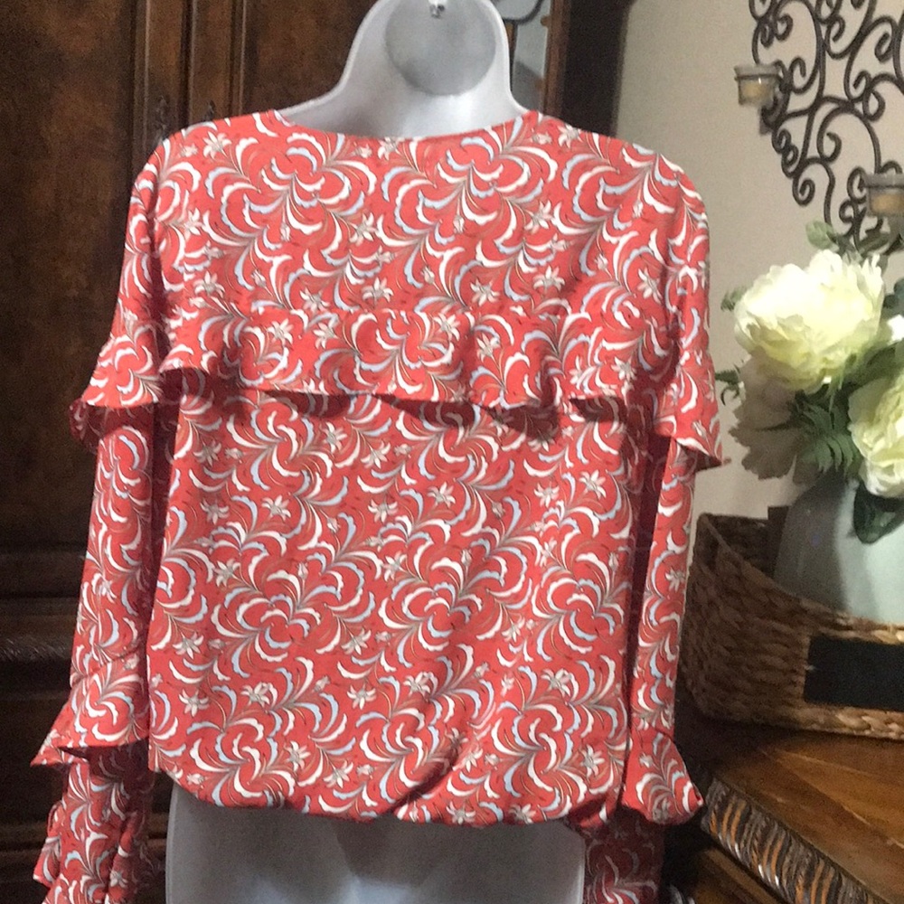 Max Studio brick color Wrap Ruffled Long Sleeve Blouse - Picture 5 of 5